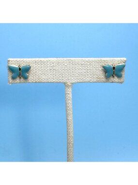 Butterfly Blue Enamel Stud Earrings Vintage Silver Tone Size 0.5'' Length
